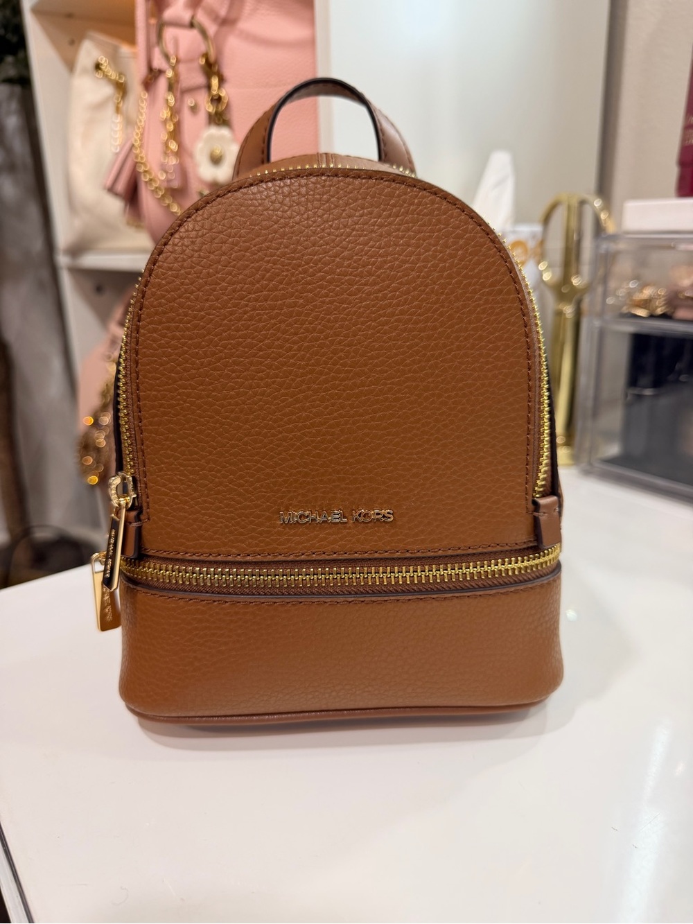 MICHAEL KORS Caramel Brown Pebbled Leather Mini Backpack